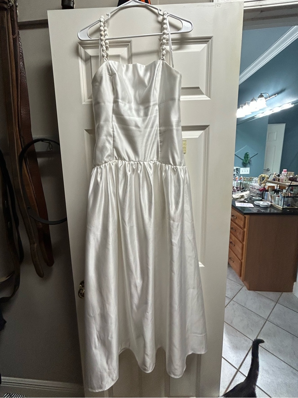 Lulu's White Satin Braided-Strap Midi Dress